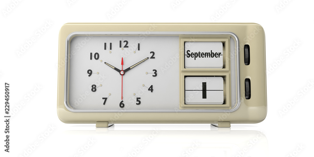 Old retro alarm clock, September 1st date, white background, isolated. 3d illustration. Old retro alarm clock, September 1st date, white background, isolated. 3d illustration.