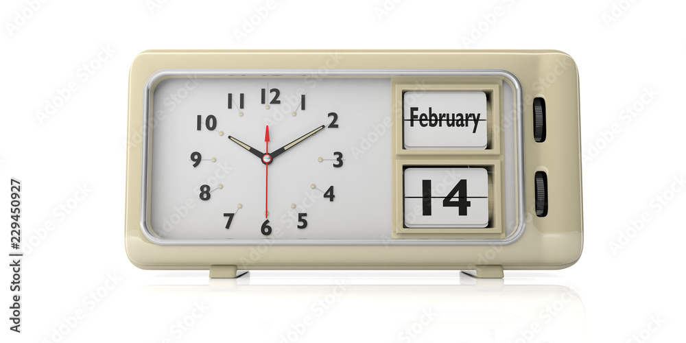 Valentine date on old retro alarm clock, white background, isolated. 3d illustration. Valentine date on old retro alarm clock, white background, isolated. 3d illustration.