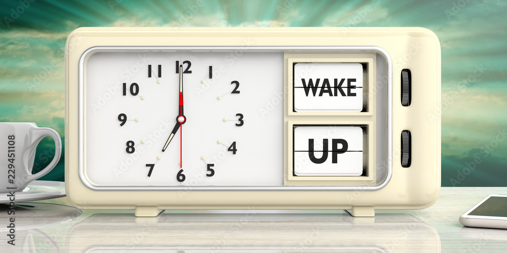 wake up message on retro alarm clock against blurry sunrise background. 3d illustration. wake up message on retro alarm clock against blurry sunrise background. 3d illustration.