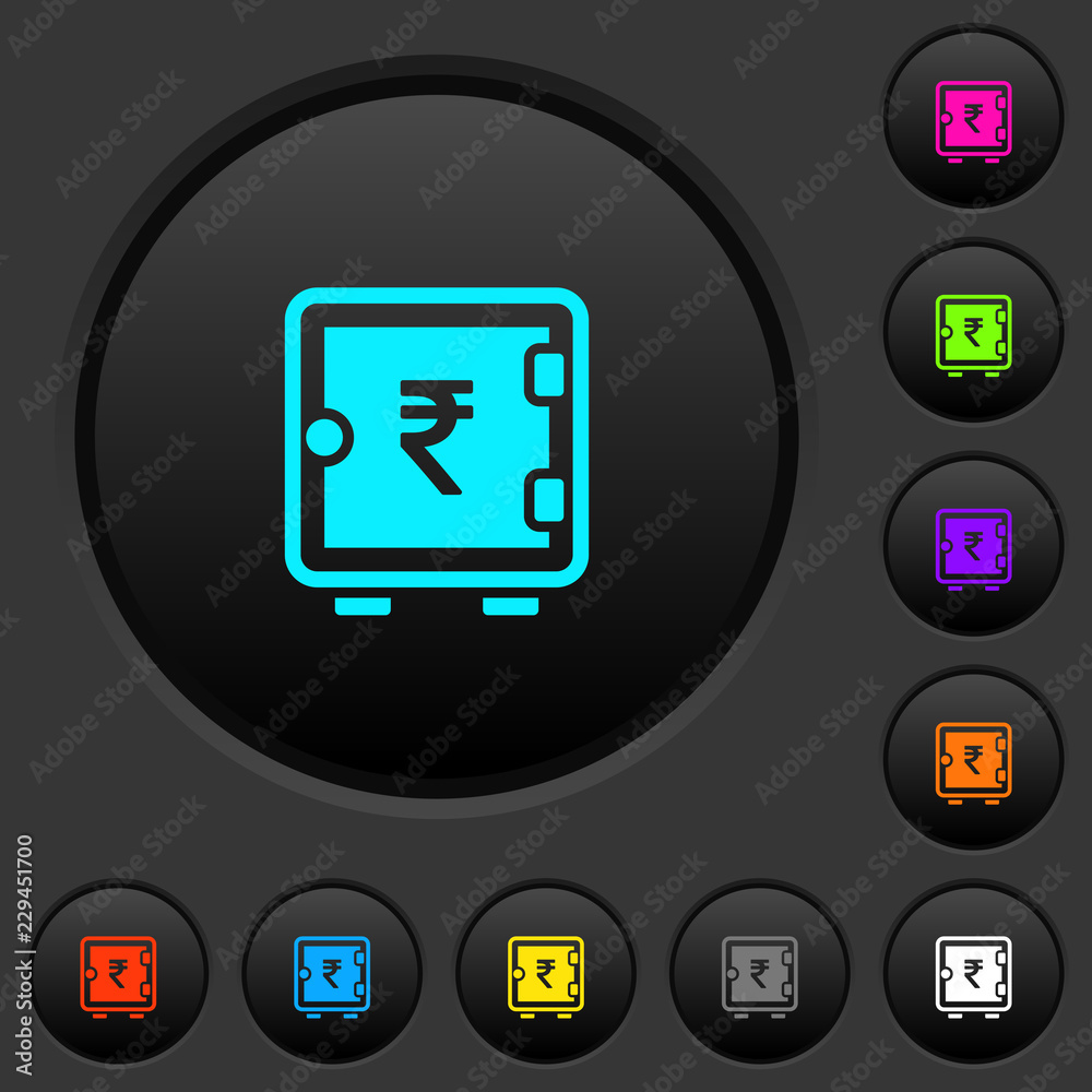 Indian Rupee strong box dark push buttons with color icons Indian Rupee strong box dark push buttons with color icons
