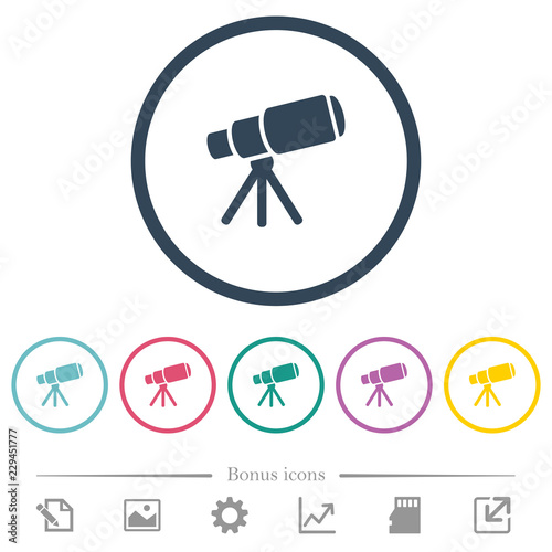 Space telescope flat color icons in round outlines