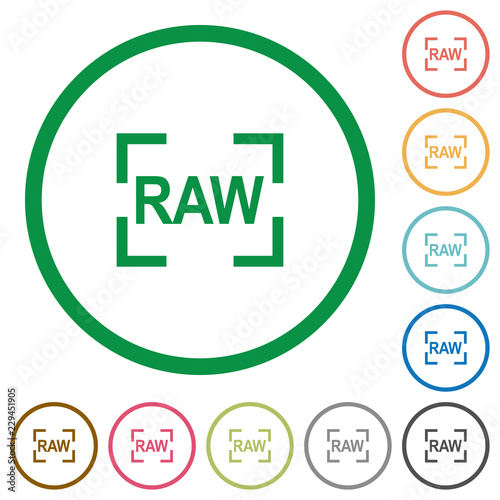 Camera raw image mode flat icons with outlines