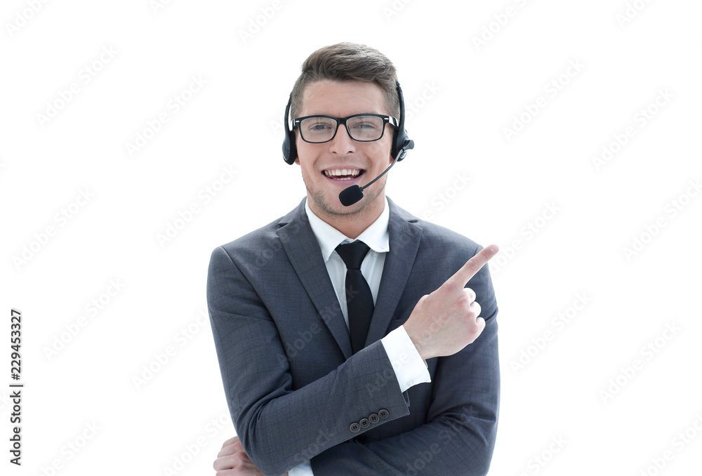 the call center operator points a finger to the side the call center operator points a finger to the side