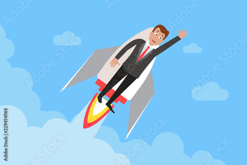 Cheerful businessman flying on rocket