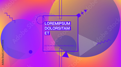 Memphis Minimal Cover Horizontal Vector Template. Neon Gradient Overlay, Small Space Particles Background. Geometric Memphis Design Elements, Horizontal Music Poster. Vintage Elemets Business Design.