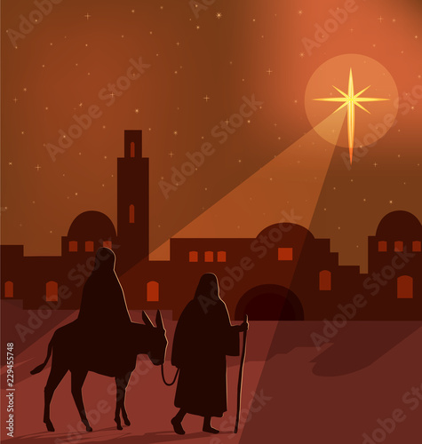 Fototapete Mary, Joseph and donkey silhouettes on the way to Bethlehem, with a large bright star shining in a orange, golden illuminated night sky, vector illustration
