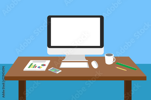 Desk with stationery computer