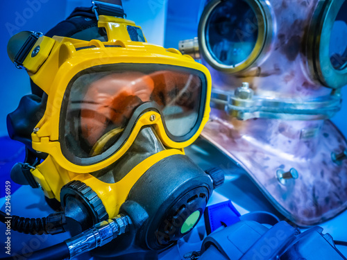Equipment for diving under water. Industrial diving. Deep dive. Helmet for diving. Accessories submariner.