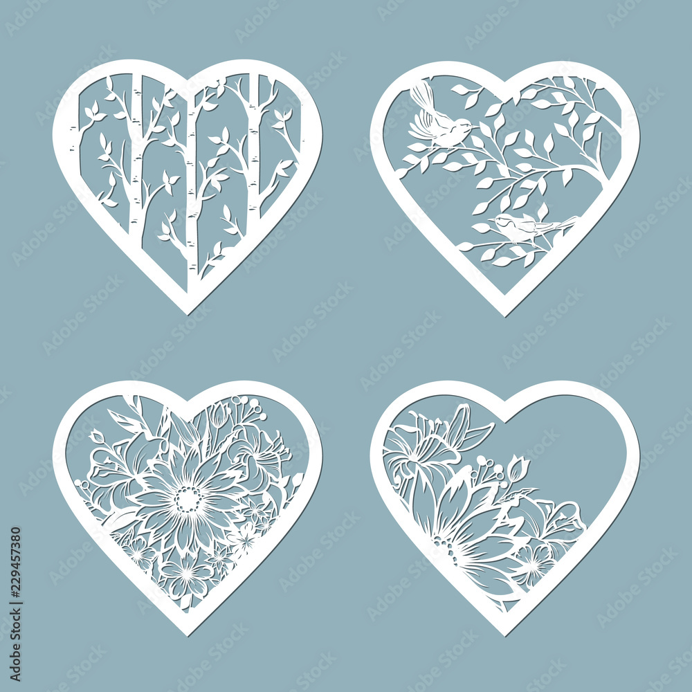 Set stencil hearts with flower. Template for interior design, invitations, etc. Image suitable for laser cutting, plotter cutting or printing. serigraphy.