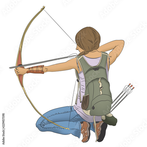 Realistic illustration of girl with a bow and arrow. Isolated.