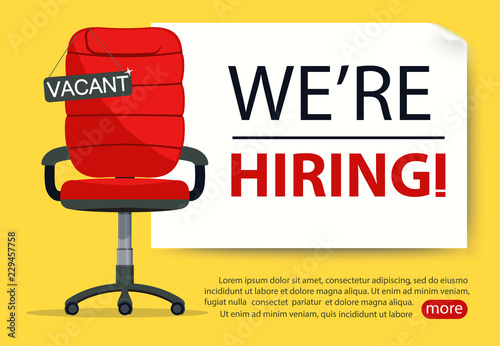 Empty Office chair with vacant sign. Employment, vacancy and hiring job. Vector