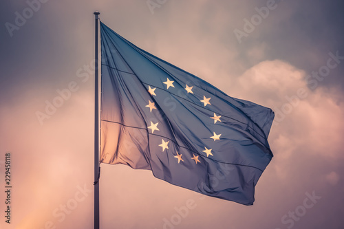 European Union flag flying in the wind in sky