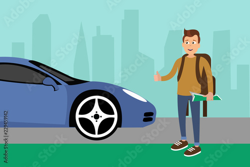 Traveller hitchhiking on road