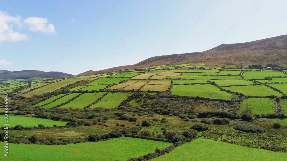 Aerial view over typical Irish landscape on a sunny day