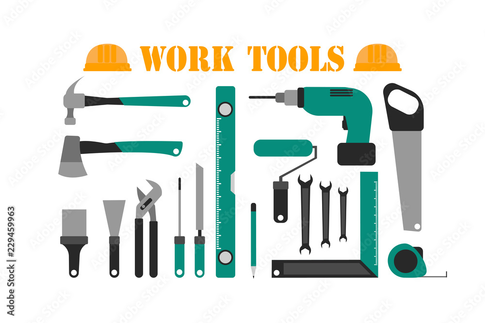 Set of green work tools Set of green work tools