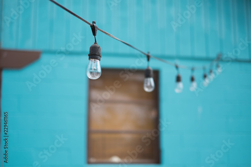 LIGHT BULBS ON STRING WIRE WITH BLUR GREEN HOUSE BACKGROUND . © DoubletreeStudio