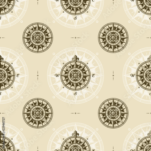 Seamless vintage nautical medieval wind rose pattern. Vector illustration in retro woodcut style with clipping mask.