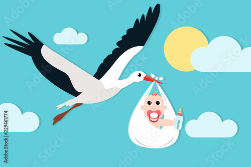 Stork carrying newborn