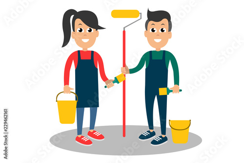 Cheerful workpeople with painting tools