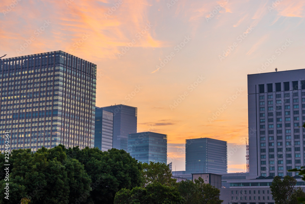 Obraz premium 夜明けの高層ビル群 The sky at daybreak in Marunouchi, Tokyo, Japan