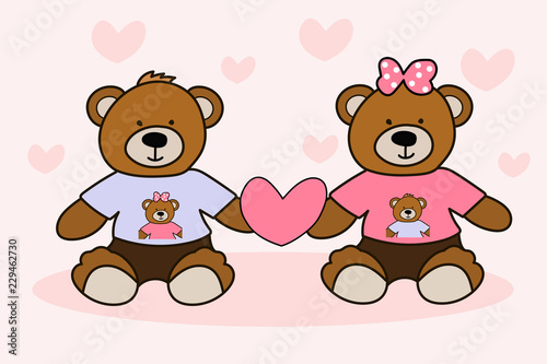Couple of cute teddy bears in love with heart in hand. eps vector illustration