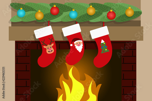 Stockings hanging on the fireplace. Concept christmas new year winter holidays the night on christmas eve