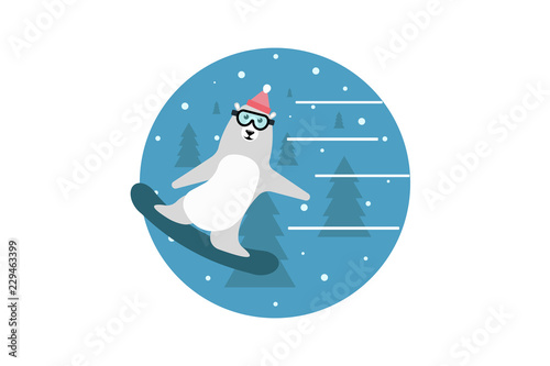 Winter time set of funny white bear is engaged in winter sports skating on snowboard stands on a blue winter woods background