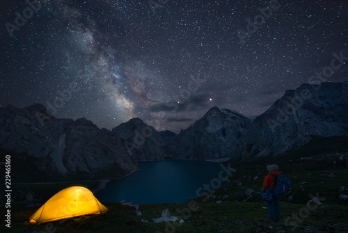 Traveling in China at night, camping in China's national park, starry sky