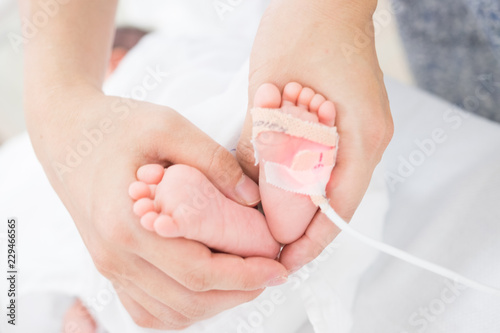 生まれたての赤ちゃんの足を包む手
