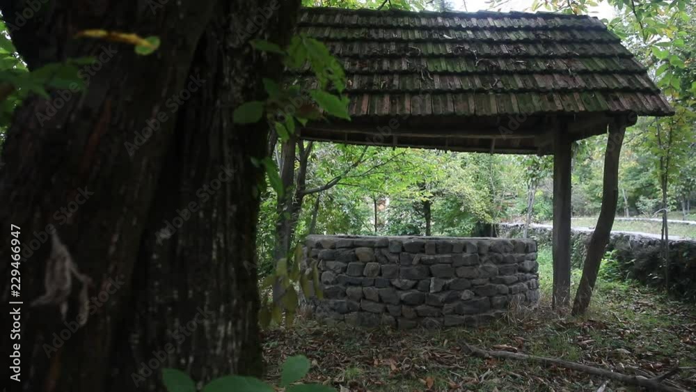 Abandoned well in the forest. Waiting for a terrible girl with a long hair. Halloween concept. Slider shot