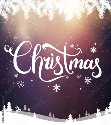 Christmas and New Year typographical on background with winter landscape with snowflakes  light  stars. Xmas card.