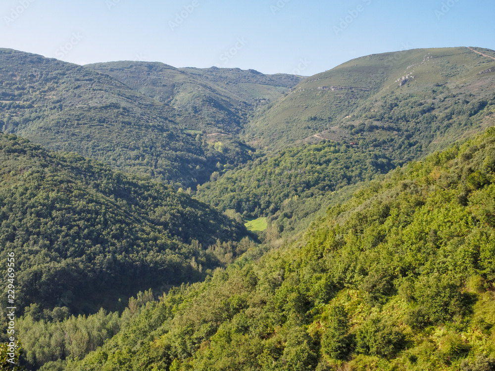 Beautiful mountains and valleys along this scenic but less-travelled section of the Camino from Villafrance del Bierzo to Herrerias - Villar de Corrales, Castile and Leon, Spain Beautiful mountains and valleys along this scenic but less-travelled section of the Camino from Villafrance del Bierzo to Herrerias - Villar de Corrales, Castile and Leon, Spain
