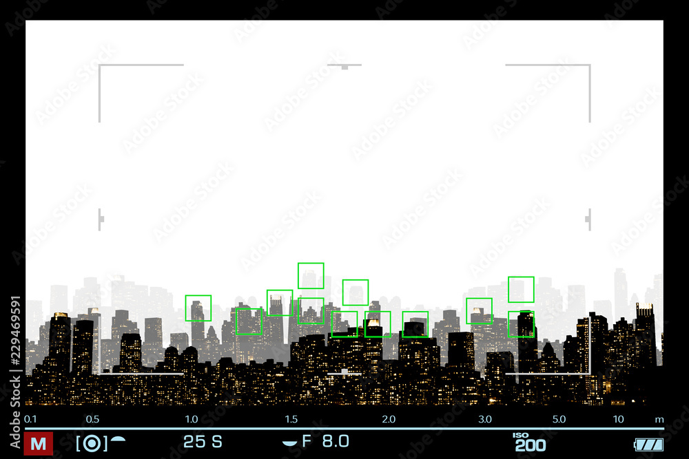 Obraz premium VIEWFINDER SHOWS NIGHT VIEW SILHOUETTE OF NEW YORK / MANHATTAN WITH FOCUS ON SKYSCRAPERS / SPACE FOR TEXT IN THE SKY