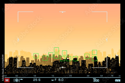 VIEWFINDER SHOWS NIGHT VIEW SILHOUETTE OF NEW YORK / MANHATTAN WITH FOCUS ON SKYSCRAPERS / SPACE FOR TEXT IN THE SKY.