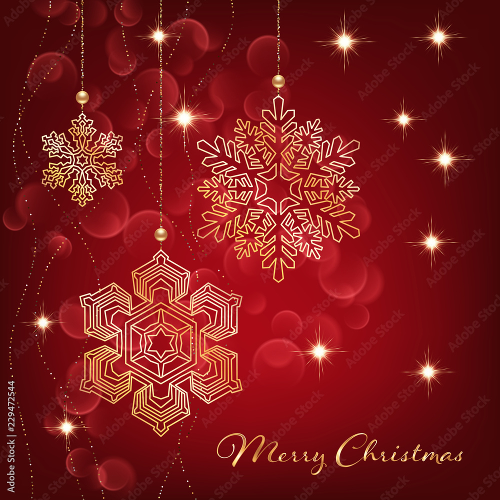 Illustration of christmas greeting card or invitation with decorative snowflakes, golden beads and bokeh lights on red background