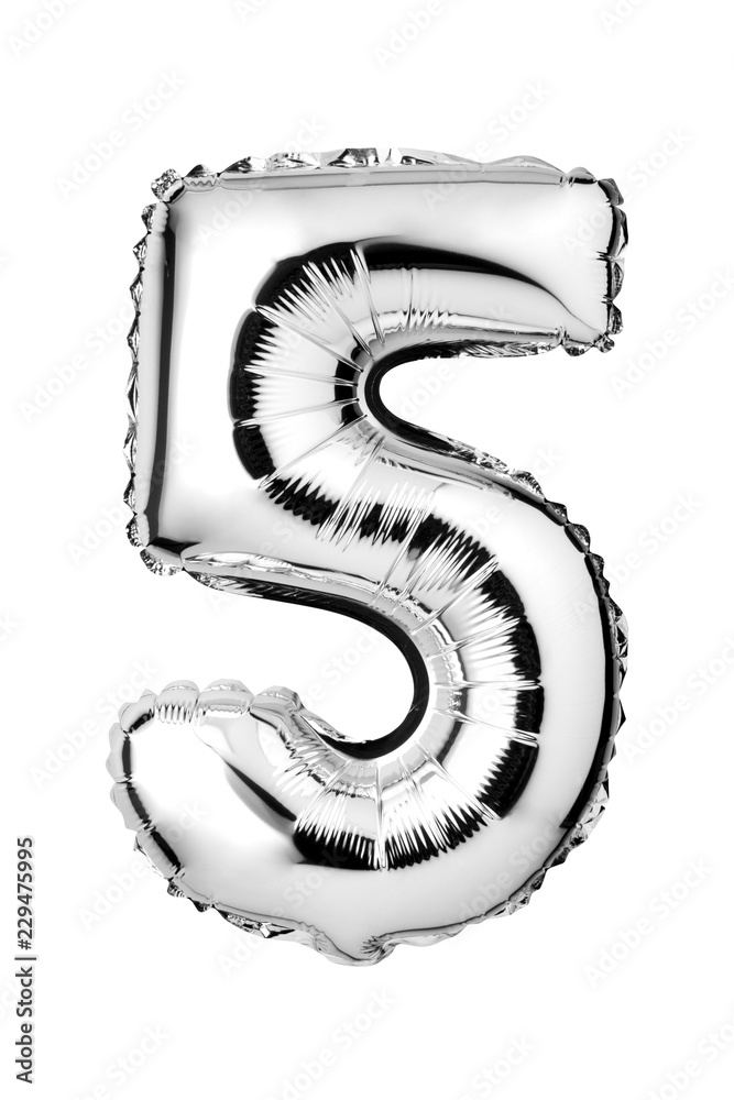 Fototapeta premium Number 5 of silver foil balloon isolated on a white background