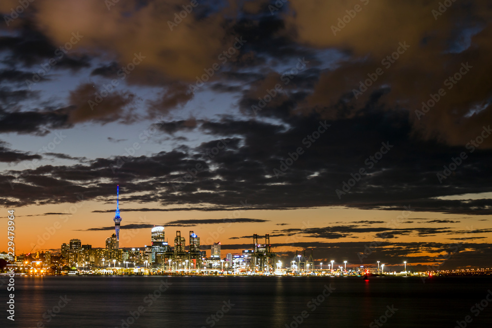 Auckland city and Sky tower at night, New Zealand
