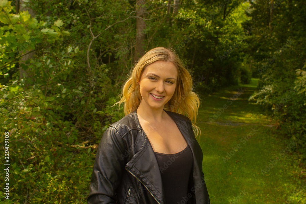 Fall woman in jacket in park Fall woman in jacket in park