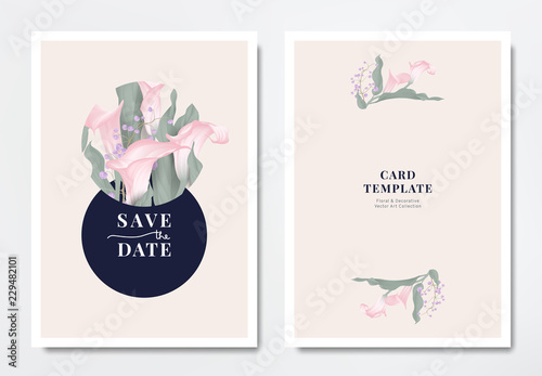 Fototapeta Naklejka Na Ścianę i Meble -  Botanical wedding invitation card template design, pink calla lily flowers and purple Thalictrum delavayi flowers with leaves in circle frame on light brown background, minimalist vintage style