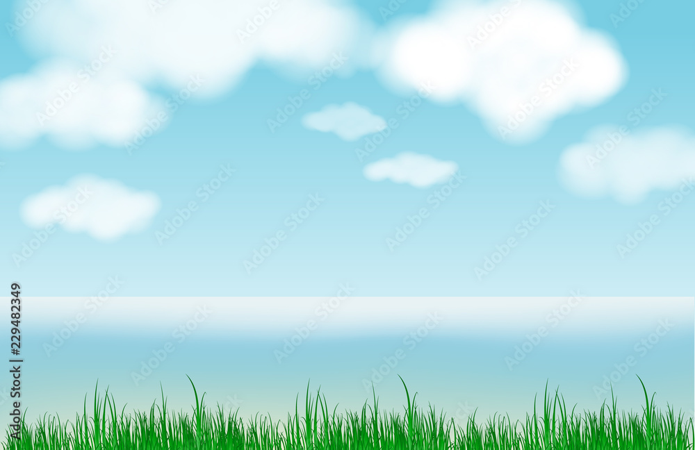 Abstract blue sky blurred gradient background. Nature blurred bokeh sea background Cloud with grass.