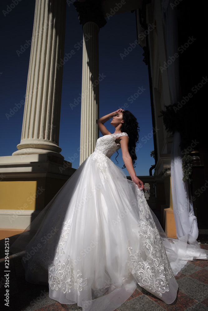 Obraz premium Elegant wedding salon is waiting for bride. Beautiful wedding dresses in boutique. Happy bride before wedding. Wonderful bridal gown. woman is preparing for wedding. Welcome to family. Happy moment