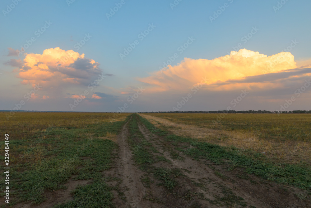 A dirt road goes through a field of clouds in the sky.