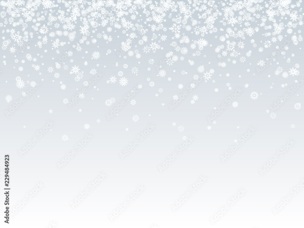 Falling white snowflakes on light background. Snow background.