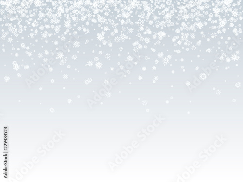 Falling white snowflakes on light background. Snow background.