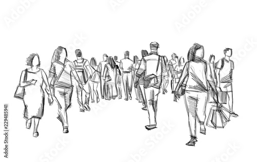 crowd of people walking illustration pencil sketch isolated