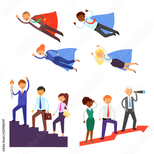 Team leader vector businessman or businesswoman character super hero leading corporate teamwork illustration set of business people in leadership success working isolated on white background