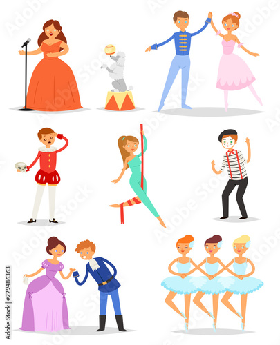 Actor vector performer or actress character playing entertainment performance on theater stage illustration set of ballerina dancing ballet and showman isolated on white background