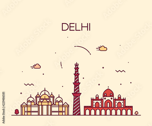 Delhi skyline, India vector linear style city