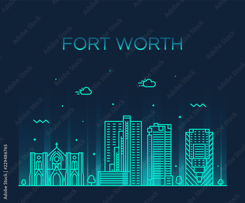 Fototapeta Fort Worth skyline, Texas, USA vector linear city