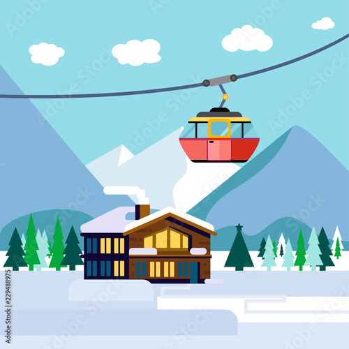 Cool vector ski resort mountain detailed landscape with lodge, spruce trees and funicular. Winter sports vacation destination concept background